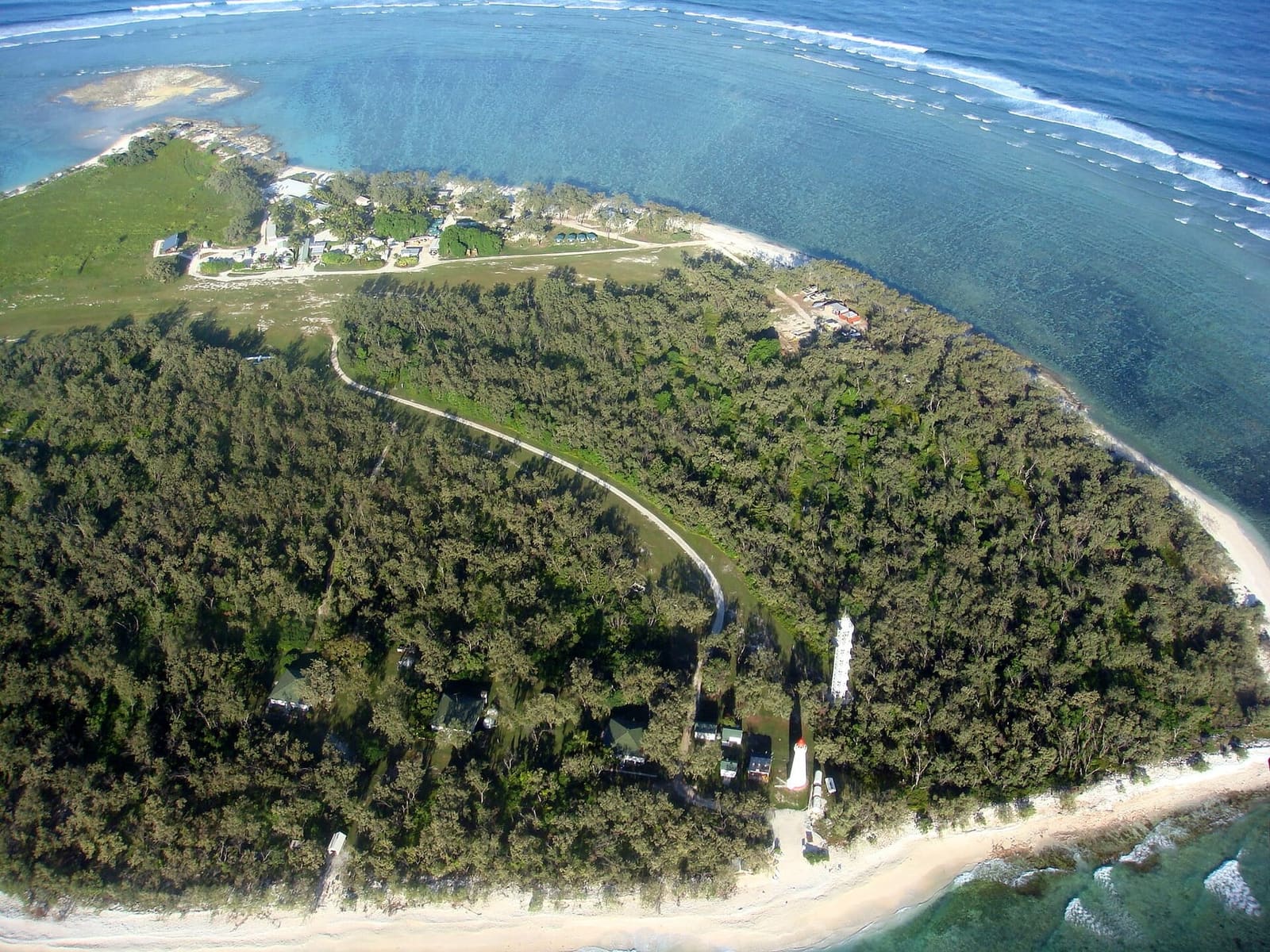 Aerial view of Lady Elliot Island with its airstrip, lighthouse, forest and reef edge