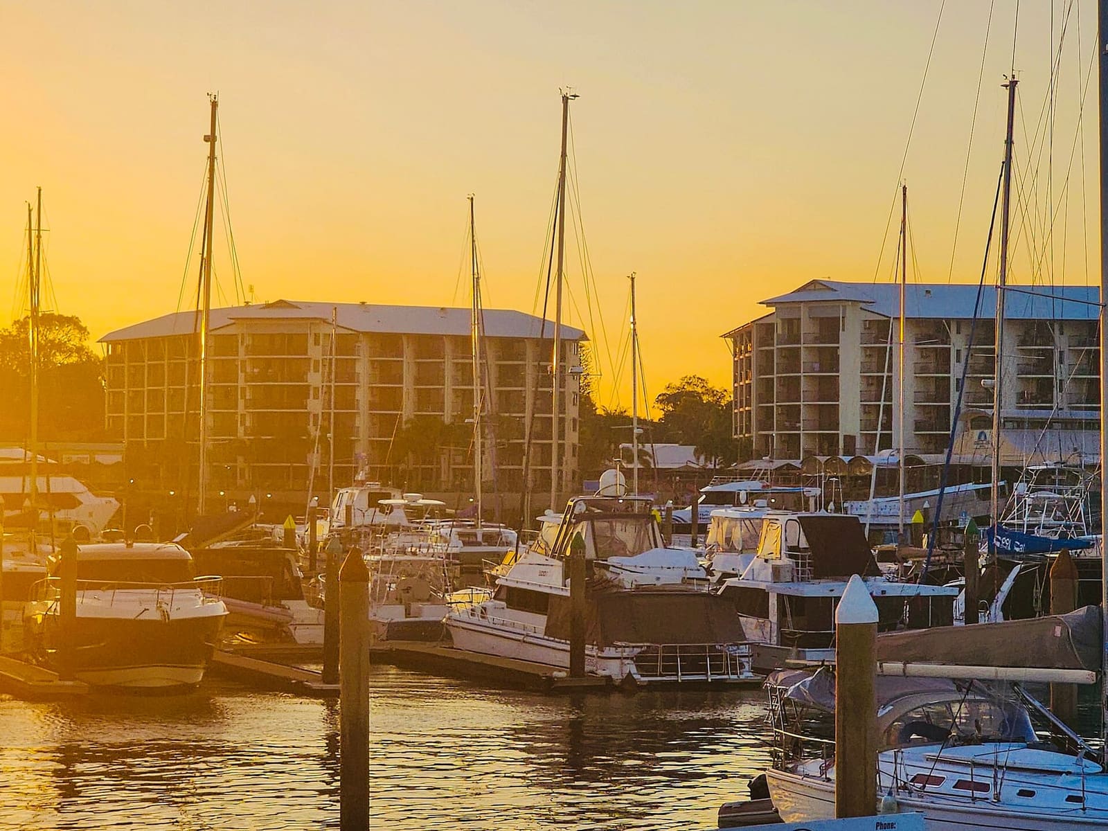 Urangan marina at sunset, with moored boats, masts and apartment buildings behind